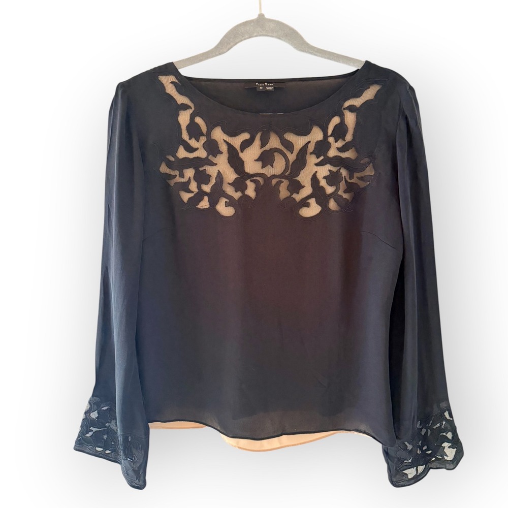 Vintage Black Silk Lace Blouse Sheer Cutout Goth Whimsigoth Emo Romantic Party M
